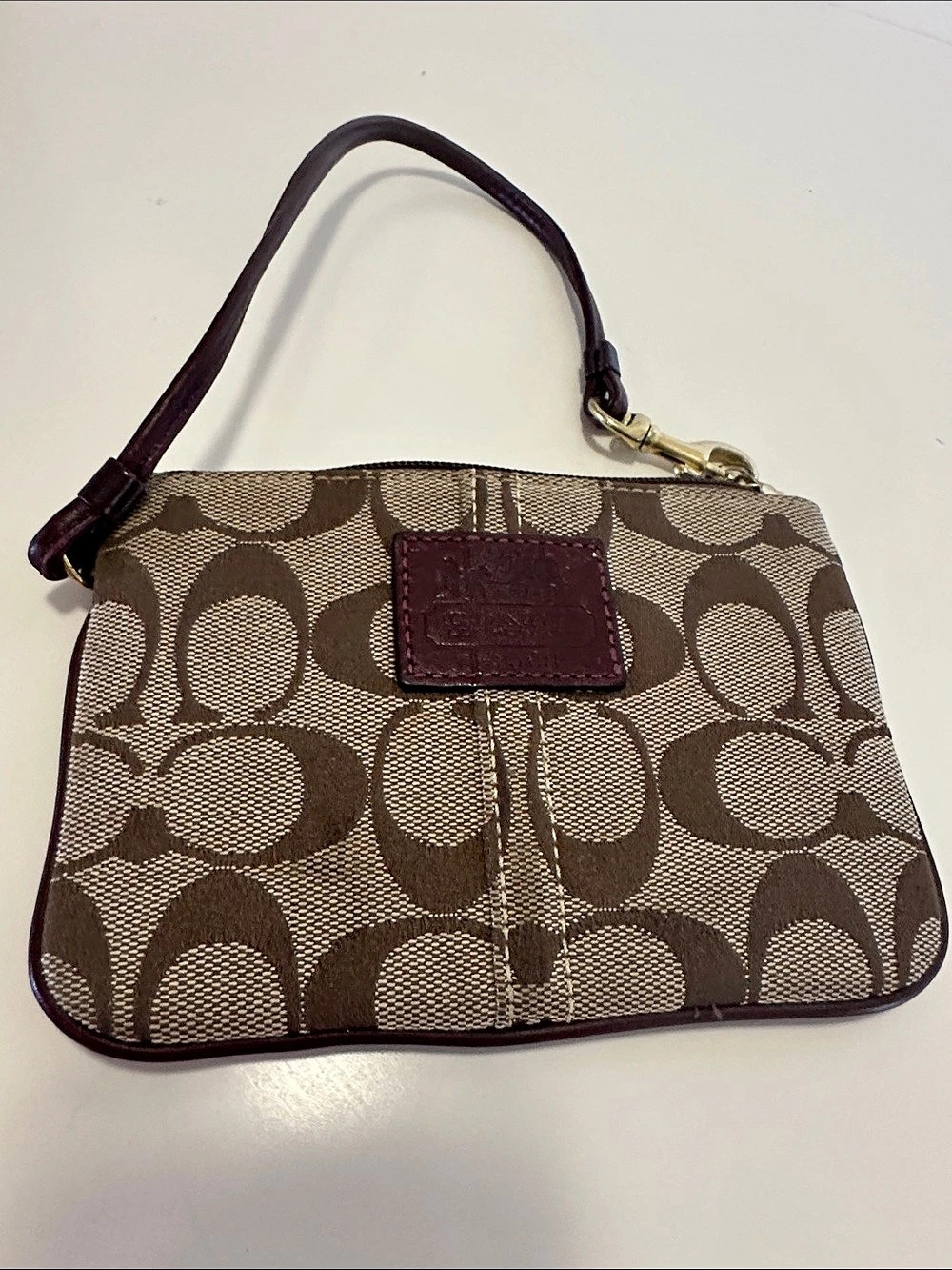 Coach Signature Jacquard Wristlet Brown Beige Signature Wristlet